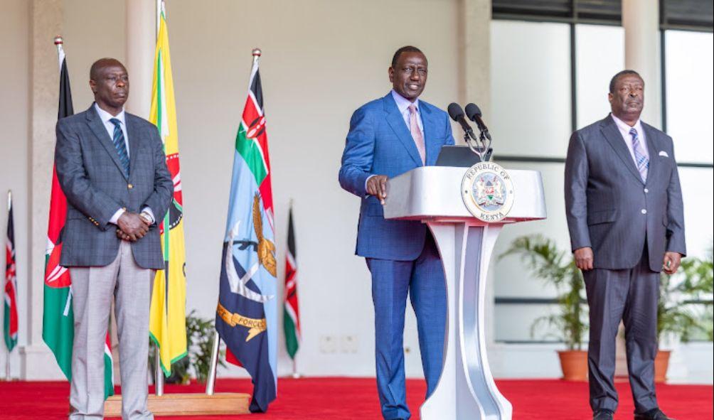 Deputy President Rigathi Gachagua, President William Ruto and Prime CS Musalia Mudavadi at State House on July 19, 2024