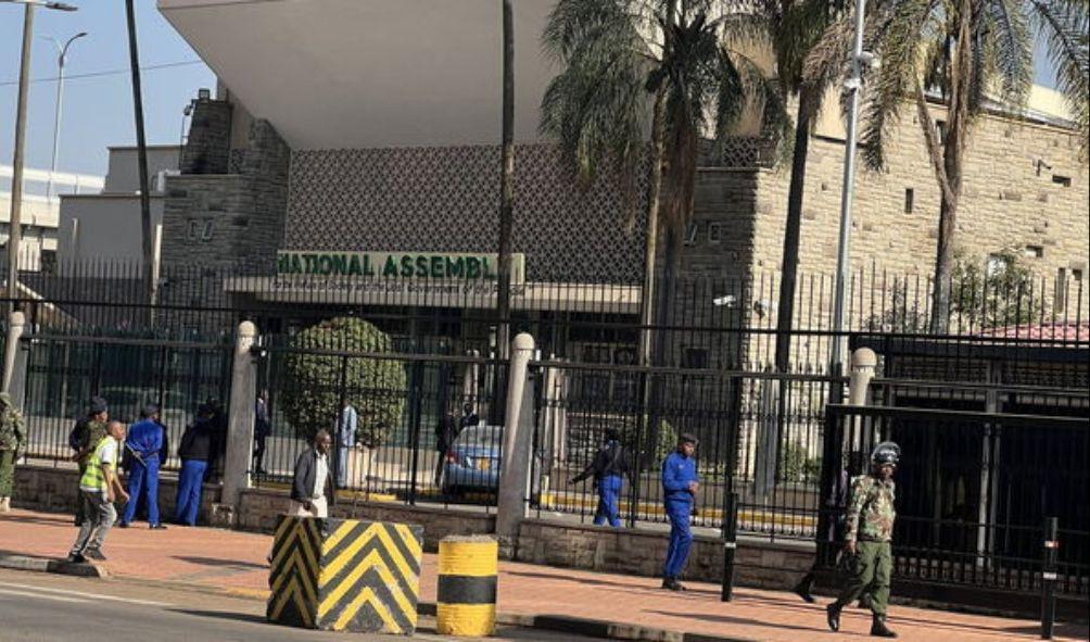 A contingent of police officers standing outside parliament buildings ahead of mass demonstrations 