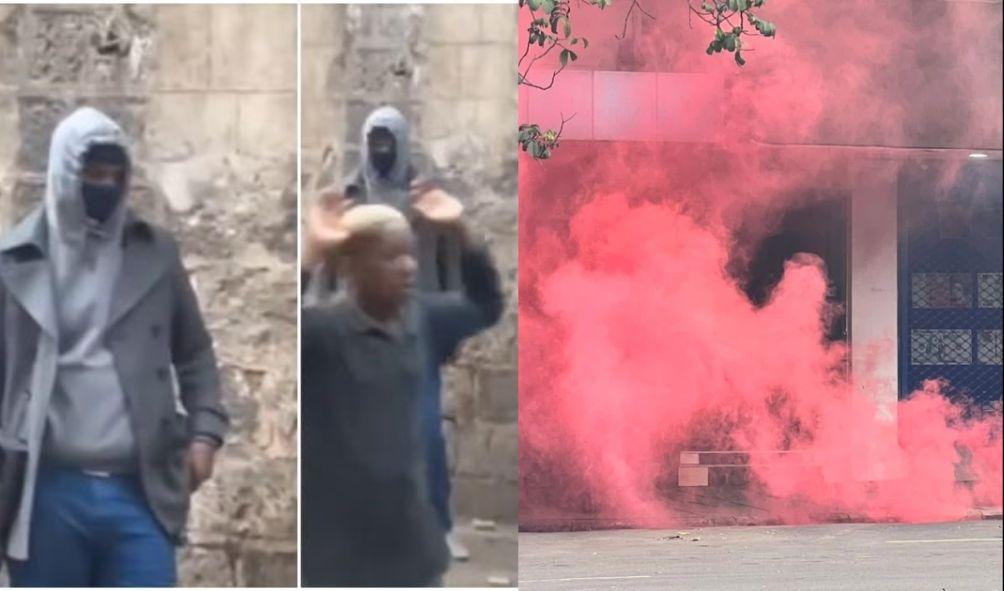 Masked police officers were spotted patrolling the Nairobi Central Business district while heavily armed(L) Pinkish substance used on protestors(R)