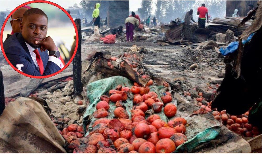 The aftermath of a fire that burnt down a number of stalls at Toi Market in Kibra on August 3, 2024. (Inset) Nairobi Governor Johnson Sakaja.