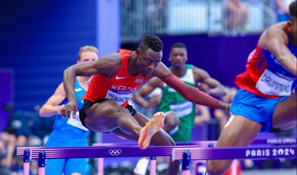 Kenya's Wiseman Were hurdling during the 400m Hurdles heats at the Paris Olympics on Monday, August 5 2024 at the Stade de France. Were finished fifth to scrape into the semi-finals. Photo by NOC-Kenya