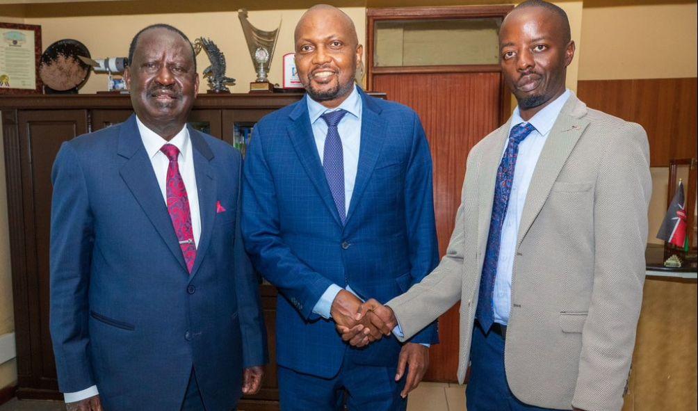 Raila Odinga with Moses Kuria (centre) and his son Raila Junior.