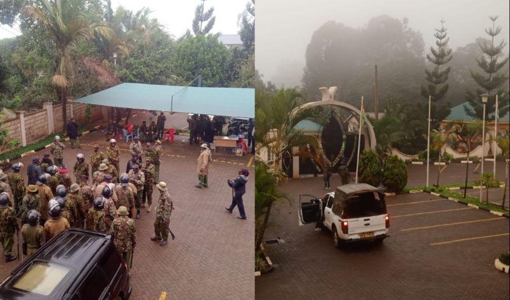 Police officers protect the County Assembly of Meru after a group of goons attempted to torch the building on Thursday, August 8, 2024.