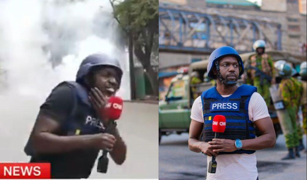 A collage of moments a tear gas canister narrowly missed Larry Madowo, on August 8, 2024.