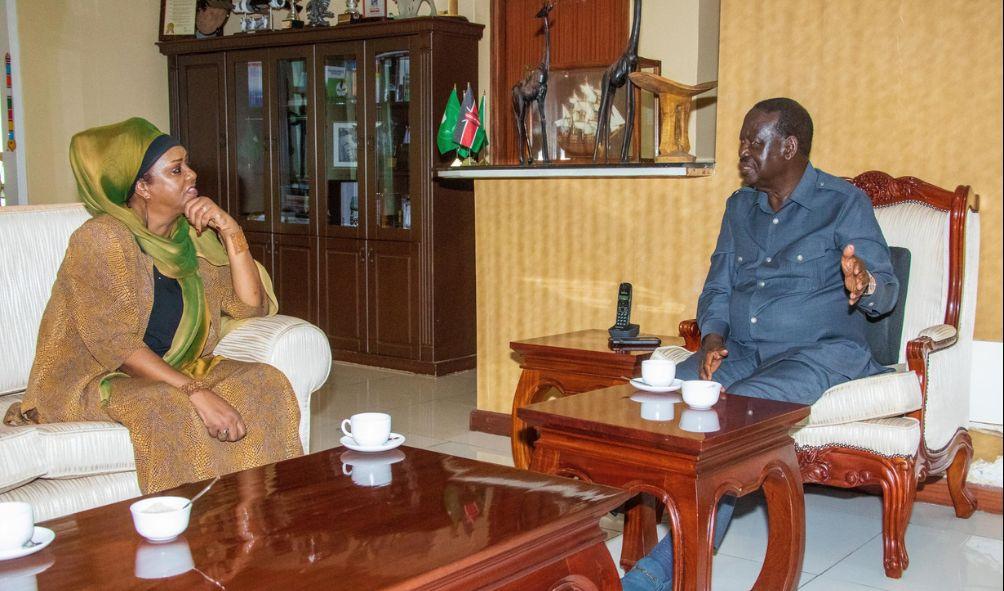 Azimio leader Raila Odinga with former Somalia Foreign Affairs Minister Fawzia Yusuf Adam