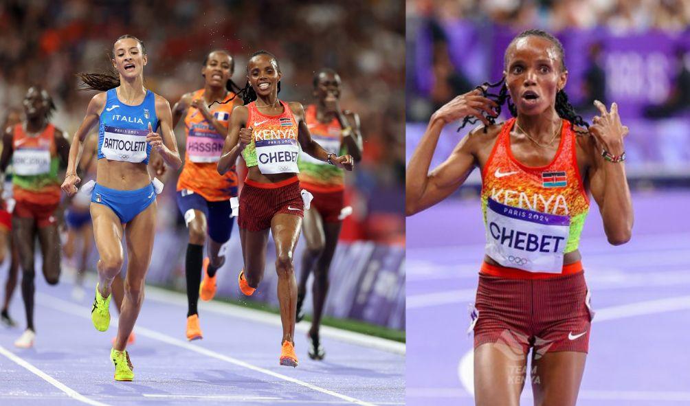 Gold medallist Beatrice Chebet of Kenya celebrates after winning gold in women's 10,000m final at the 2024 Paris Olympic Games in Paris on August 9, 2024.