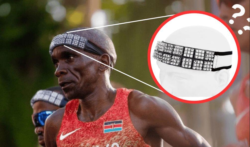 Marathon champion Eliud Kipchoge paces through the streets during the Paris Olympics 2024 and an insert of the Omius Cooling Headband.