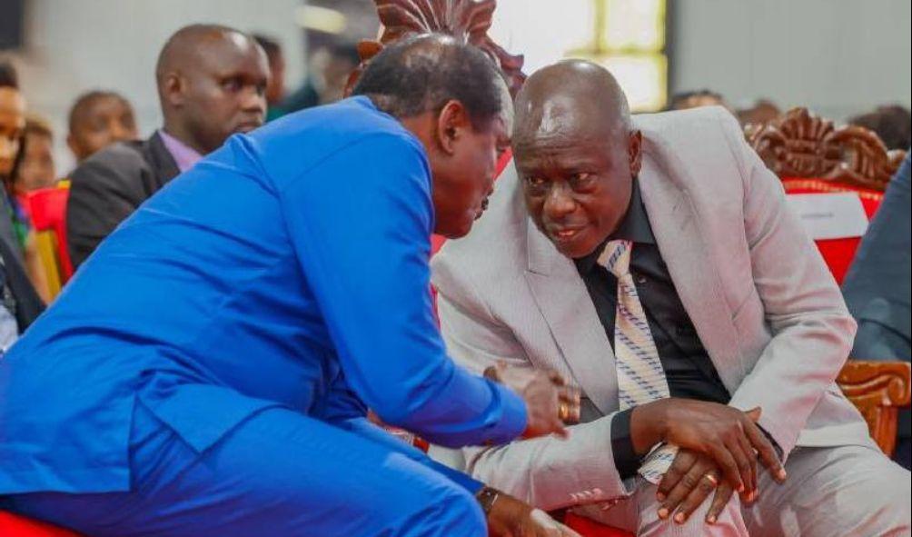 Deputy President Rigathi Gachagua (left) confers with Wiper Party leader Kalonzo Musyoka during the Consecration of Bishop Elect Benson Gathugu Kamau at Jesus Compassion Ministry Church in Ruiru Constituency, Kiambu County on June 21, 2024.