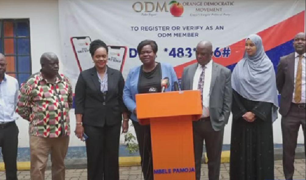 ODM chairperson Gladys Wanga and Deputy Party leader Godfrey Osotsi, among other leaders during a press briefing at Chungwa House on August 19, 2024.