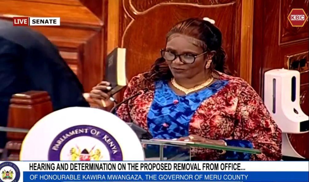 MCA Zipporah Kinya, the mover of Meru Governor Kawira Mwangaza’s impeachment motion, addresses the Senate on August 19, 2024.