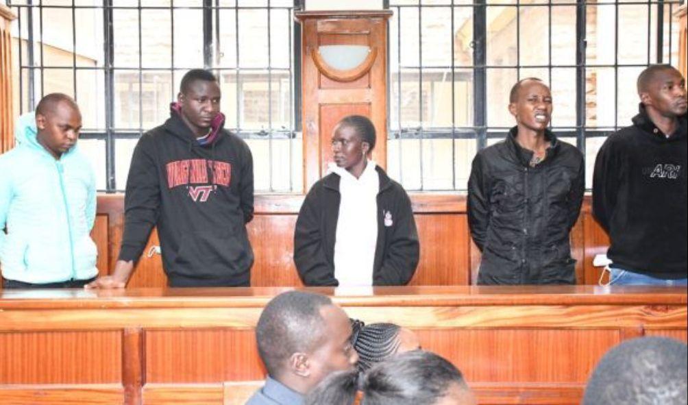 The five police officers accused of aiding the escape of 13 suspects held at Gigiri Police Station in Court on Wednesday, August 21.