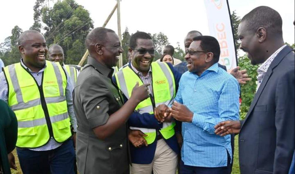 President William Ruto in light moments with Energy Cabinet Secretary Opiyo Wandayi, Kisumu Governor James Orengo, Uasin Gishu Governor Jackson Mandago and Energy PS Alex Wachira in Aldai, Nandi on August 24, 2024.