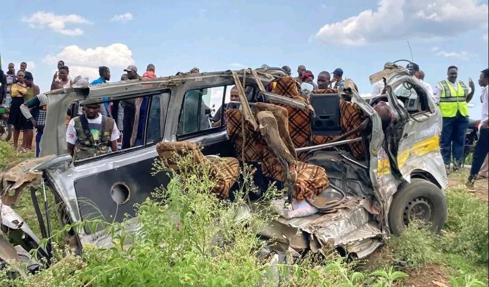 A wreckage of a 14-seater matatu involved in an accident along the Nakuru-Muhoroni highway on September 3, 2024