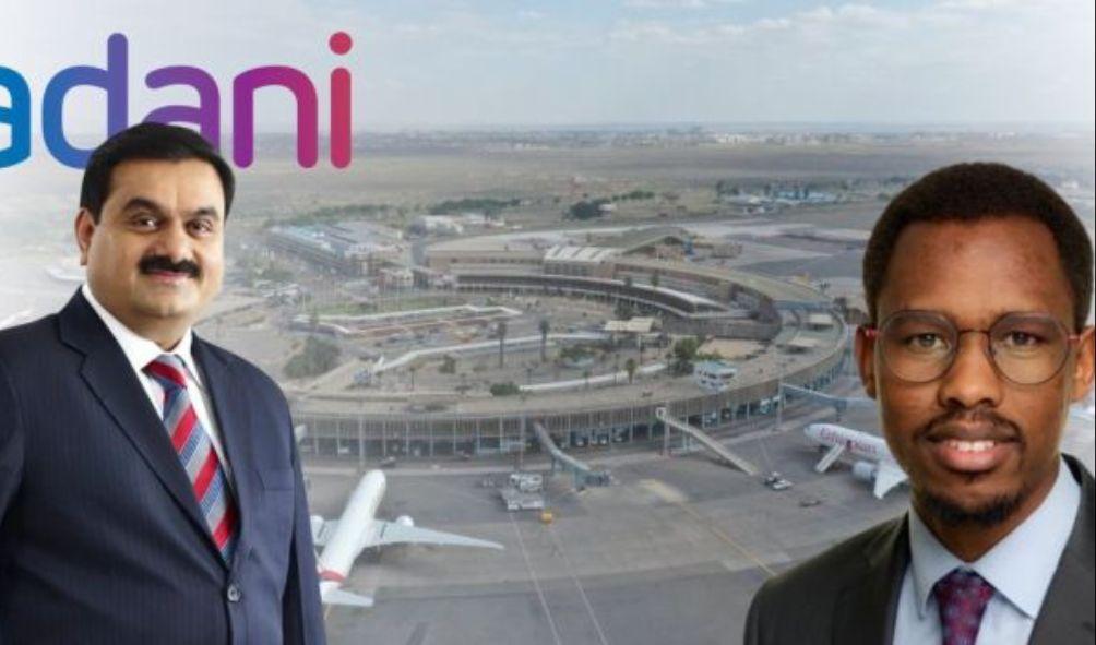 A collage of the Jomo Kenyatta International Airport (JKIA) (background), Chairman of Adani Group Gautam Adani and Nelson Amenya, September 12.