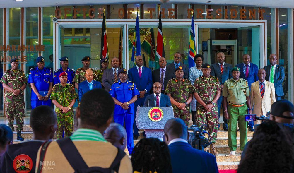 Interior PS Raymond Omollo addressing a presser on the State of Security preparedness on December 4, 2024. Senior Police Bosses including Police IG Douglas Kanja were present.