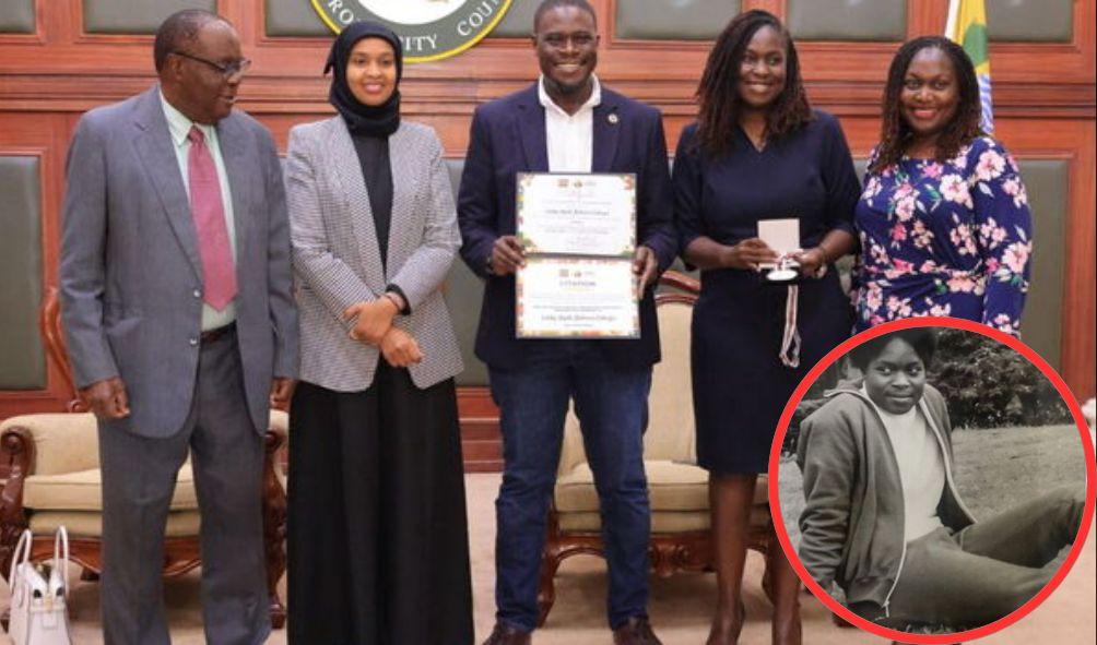 Johnson Sakaja receiving the National Heroes Award on behalf of his late mother in the company of his siblings (right), Gender, Culture, Arts and Heritage Principal Secretary Ummi Bashir (immediate left) and National Heroes Chair Jimmy Nuru Ondieki on Friday, December 6, 2024 