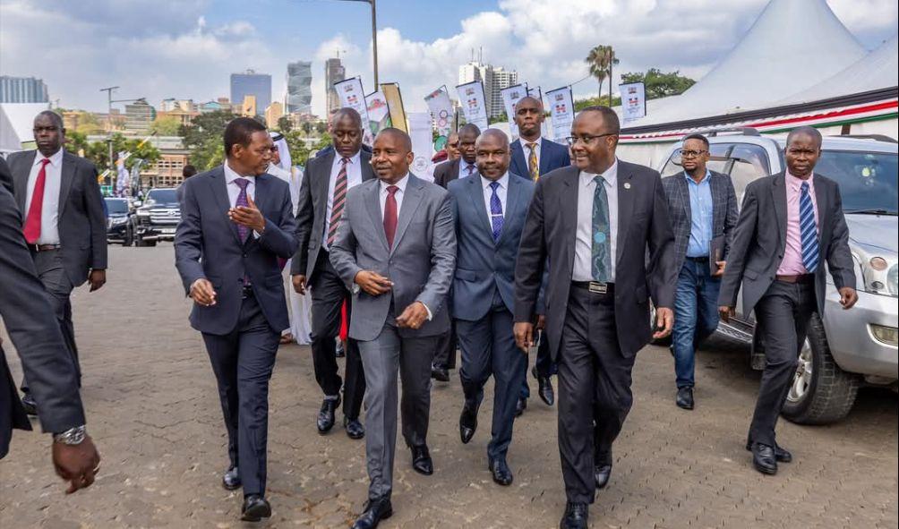 Deputy President Kithure Kindiki received by Labour CS Alfred Mutua at the Jamhuri National Trade Fair, KICC in Nairobi on December 11, 2024