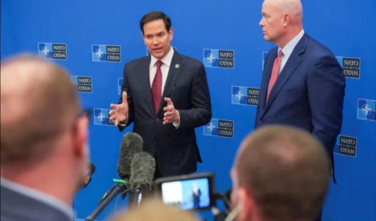 U.S. Secretary of State Marco Rubio talks to reporters next to United States Permanent Representative to NATO Matthew Whitaker at the NATO headquarters in Brussels, Belgium, April 4, 2025. Jacquelyn Martin/Pool via REUTERS
