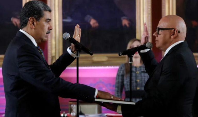 Venezuela's President Nicolas Maduro is sworn in by President of the National Assembly Jorge Rodriguez for a third six-year term, in Caracas, Venezuela January 10, 2025. Jhonn Zerpa/Miraflores Palace/Handout via REUTERS