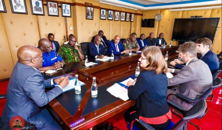 Principal Secretary for Internal Security and National Administration Raymond Omollo during his meeting with European Union Ambassador to Kenya Henriette Geiger. PHOTO/@InteriorKE/X