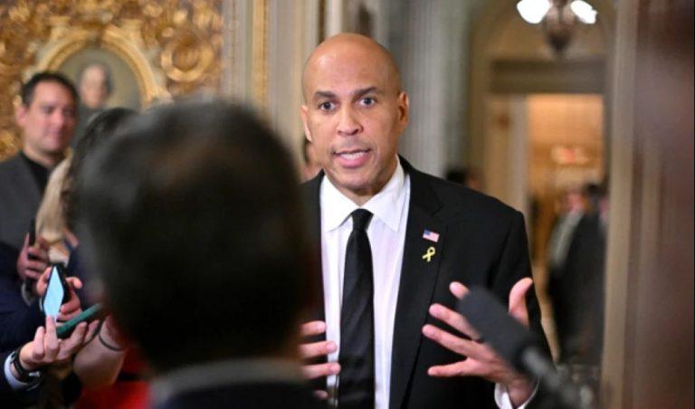 US Senator Cory Booker (D-NJ) speaks to the press at the US Capitol in Washington, DC on April 1, 2025.
