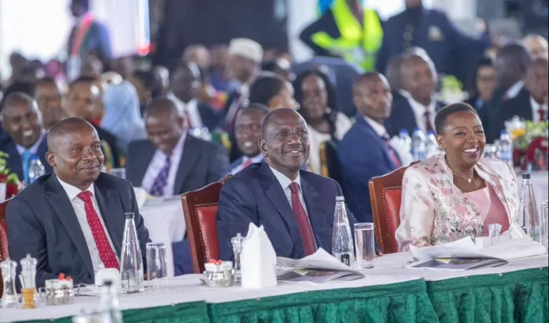 File image of President William Ruto, Rachel Ruto, and DP Kithure Kindiki during the National Prayer Breakfast.
