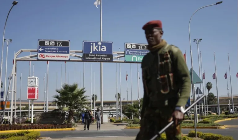 Water Cannons, Anti-Riot Police Deployed at JKIA Ahead of Gachagua’s Return A Kenyan police officer walks at the Jomo Kenyatta International Airport (JKIA) in Nairobi on September 11, 2024.